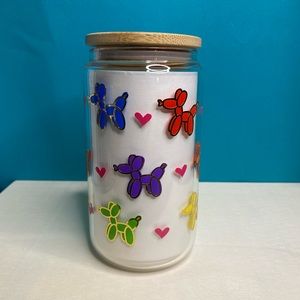 12oz glass cup with bamboo lid and straw - Balloon dog